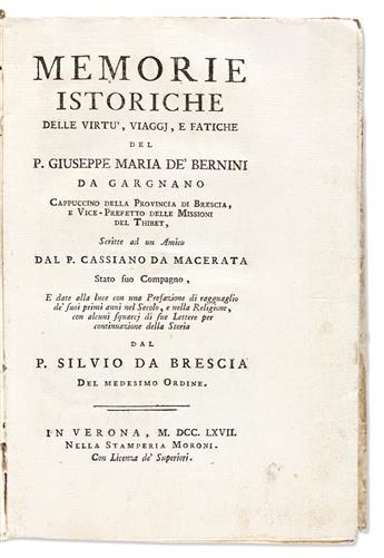 [Travel] Macerata, Cassiano de (1708-1791) Memorie Istoriche delle Virtu, Viaggi, e Fatiche del P. Giuseppe Maria de Bernini da Gargn